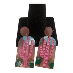 Prickly Pear Cactus Scene Post Dangle Earrings, Lightweight, Pink, Green,  Blue
